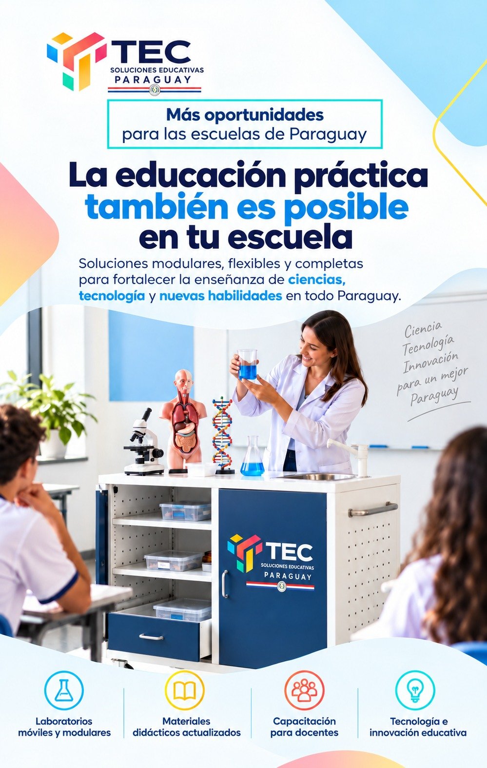 Arte ilustrativo de TEC Paraguay sobre experiencias prácticas de ciencias