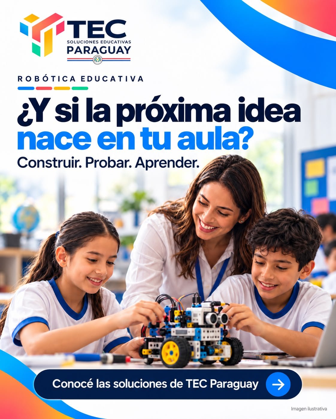 Arte ilustrativo de TEC Paraguay sobre robótica educativa con estudiantes y una docente